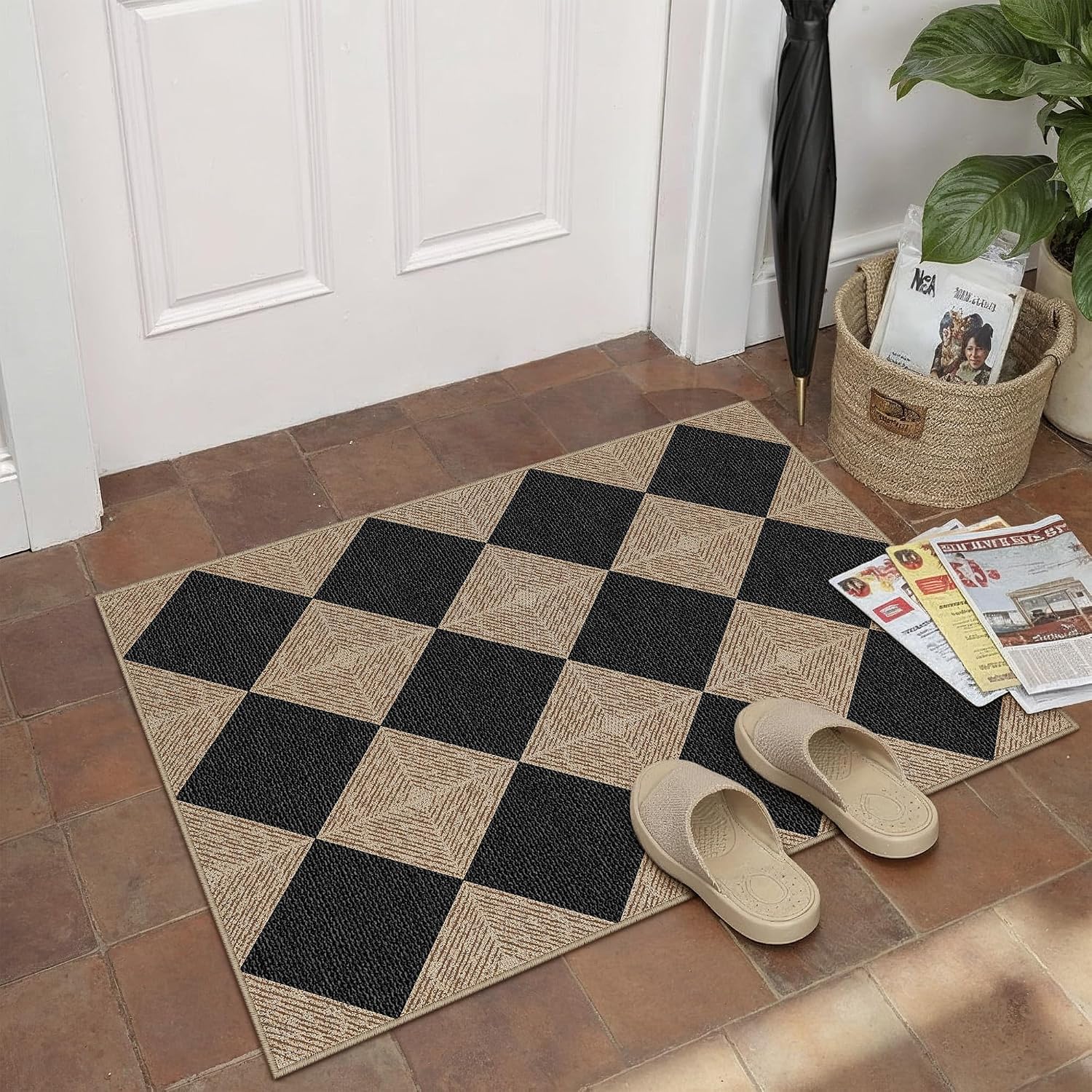 PureCozy 2x3 Black Checkered Washable Area Rug Non Slip