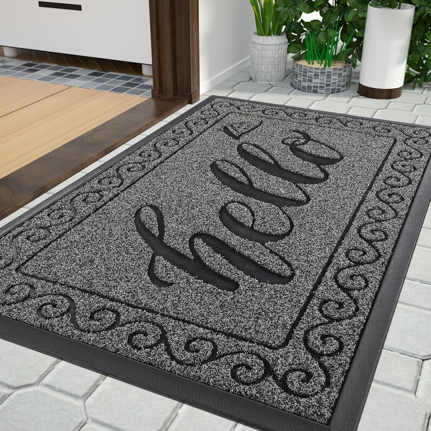 Yimobra Welcome Mats for Front Door 36x24, Heavy Duty Waterproof Outdoor Door Mat Outside Entrance, Non-Slip Low Profile Indoor Entryway Mat for Garage Patio, Black Gray