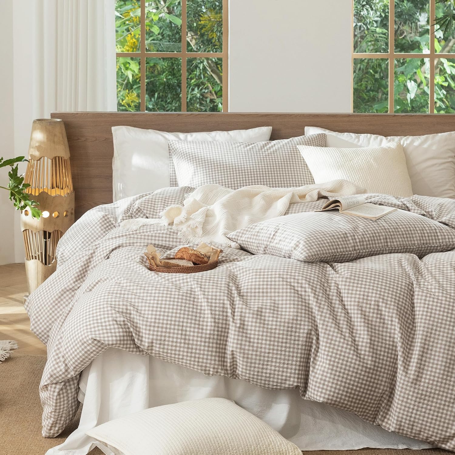 MooMee Gingham Duvet Cover Set 100% Washed Cotton Linen Like