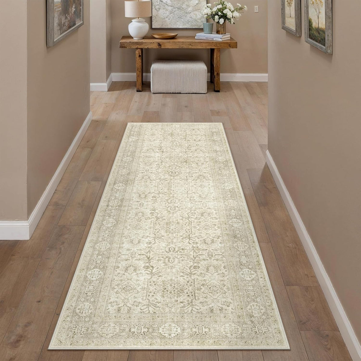 PureCozy Beige Runner Rug 2x6 Vintage Traditional Distressed