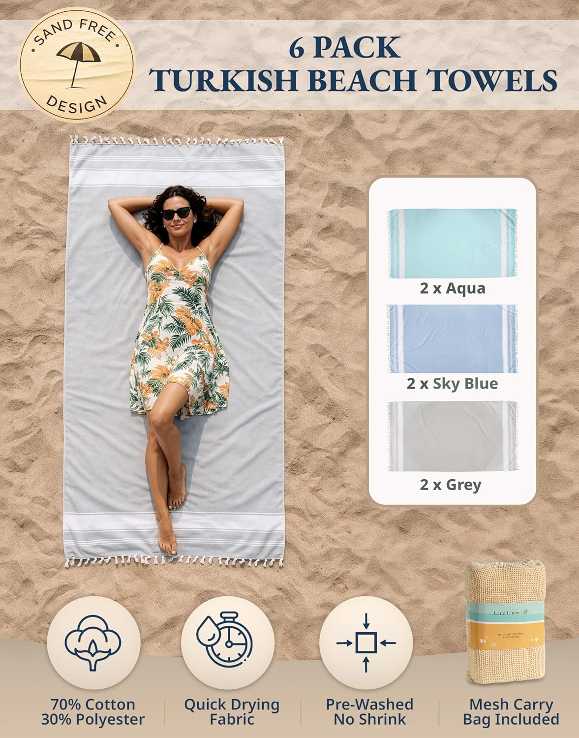 LANE LINEN Beach Towels 6 Pack, Bulk Beach Towels Oversized - Classic Color