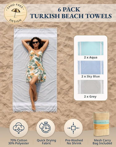 LANE LINEN Beach Towels 6 Pack, Bulk Beach Towels Oversized - Classic Color
