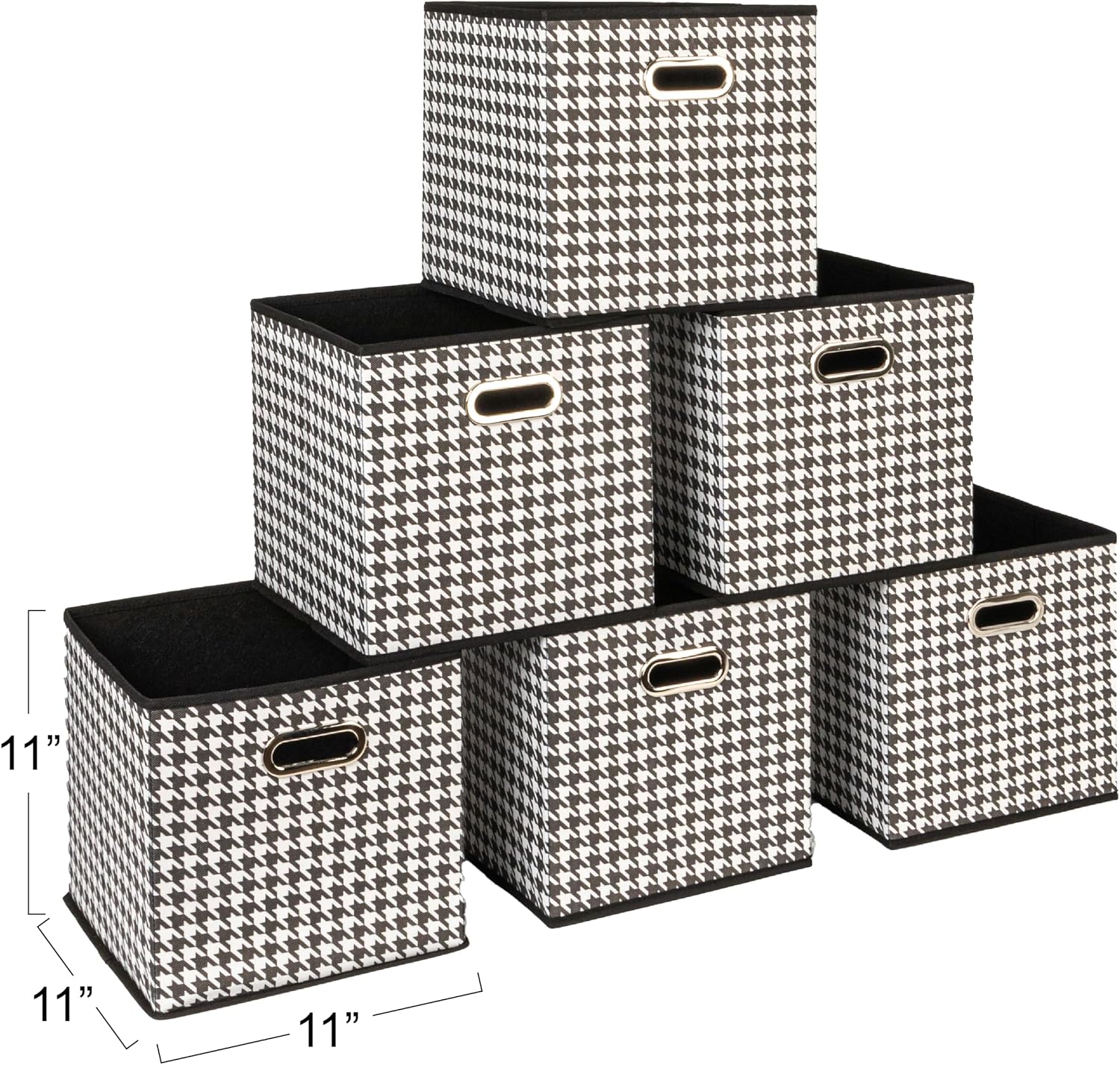 Household Essentials Foldable Fabric Storage Cubes 6-Pack – 11x11x11 Stackable Non-Woven Bins with Chipboard Sides & Grommet Handles – Closet, Shelf, Nursery, or Office Organizer – Houndstooth