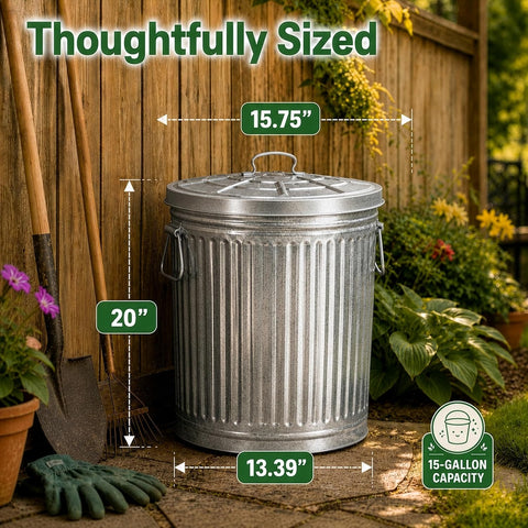 Gardenised Round Galvanized Steel 15 Gallon Trash Can with Lid and Handles Durable Metal Storage Bucket for Backyard Lawn Garden and Yard Use Weather-Resistant Garbage Can for Indoor and Outdoor