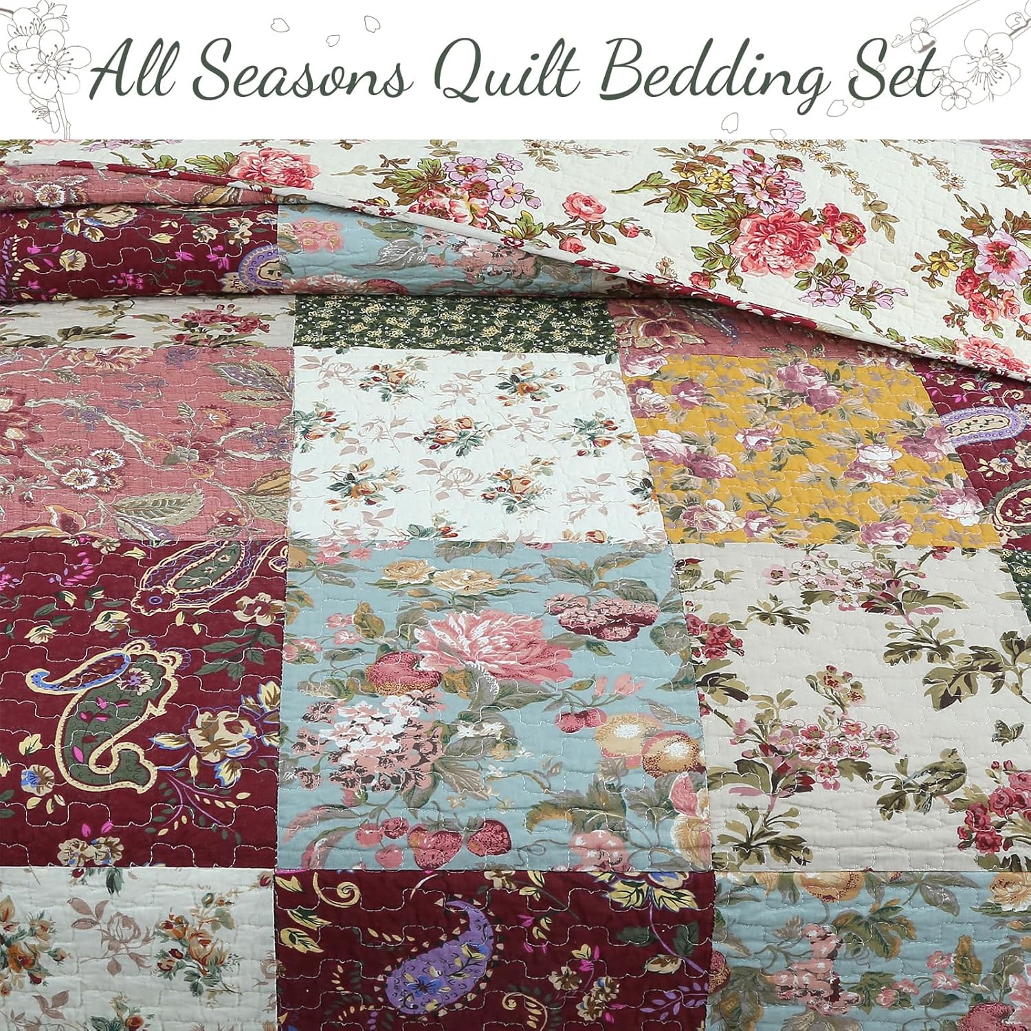 Cozy Line Home Fashions 100% Cotton Luxury Floral Paisley Burgundy Red Patchwork Reversible Quilt Bedding Set, Coverlet, Bedspread (Antique Chic, Queen - 3 Piece)