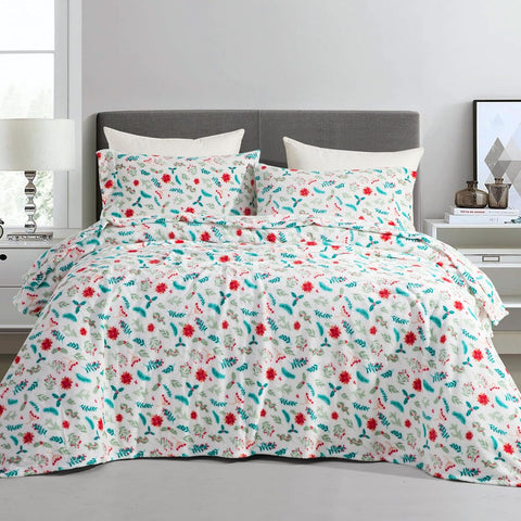 Elegant Comfort Luxuriously Soft 4-Piece Holiday Velvet Plush Flannel Sheet Set - Premium Quality - Cozy Warm, Christmas Fuzzy Velvet Flannel Fleece Deep Pocket Sheet Set - Full, Winter Bloom