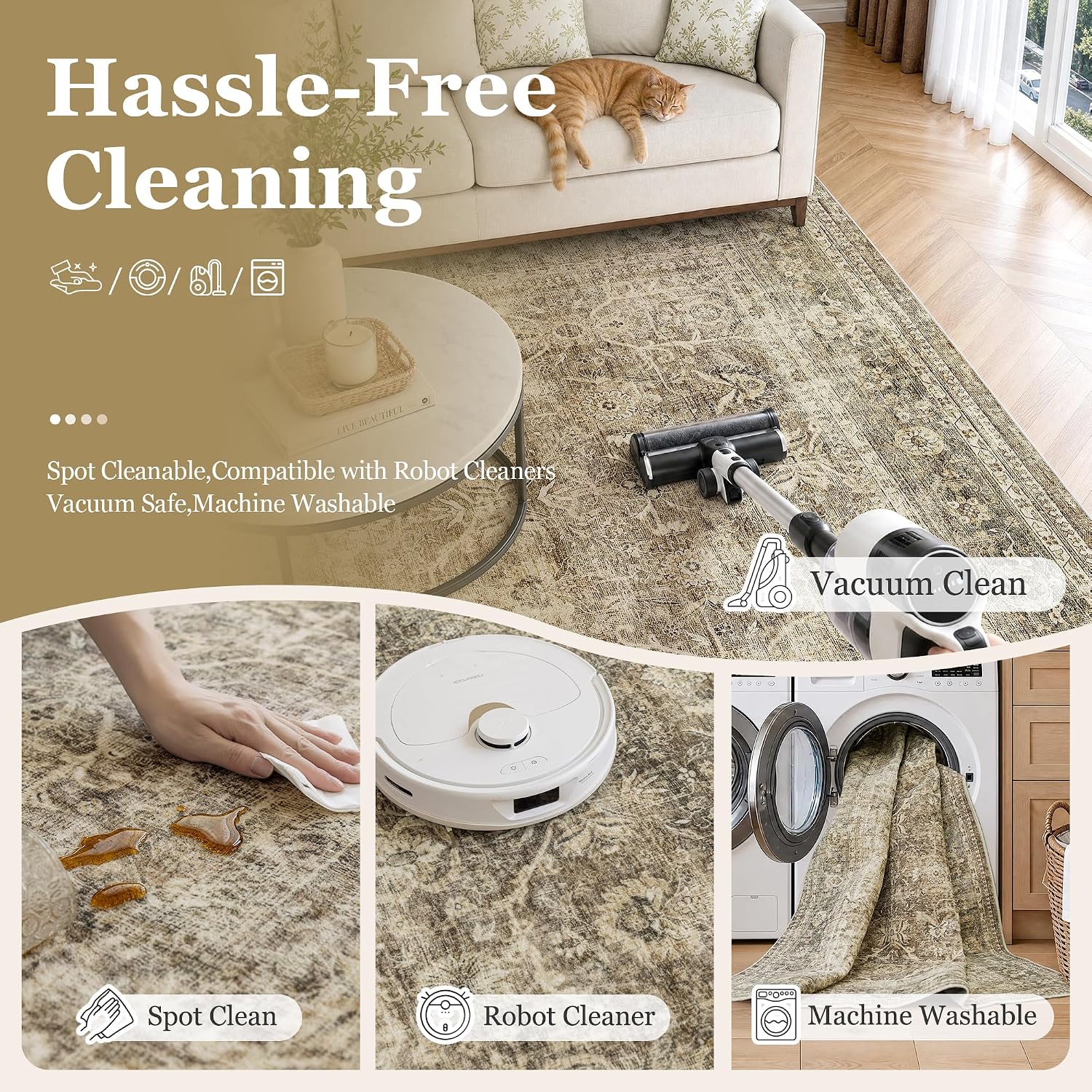 FMFUNCTEX 5x7 Washable Brown Neutral Vintage Retro Area Rug for Living Room