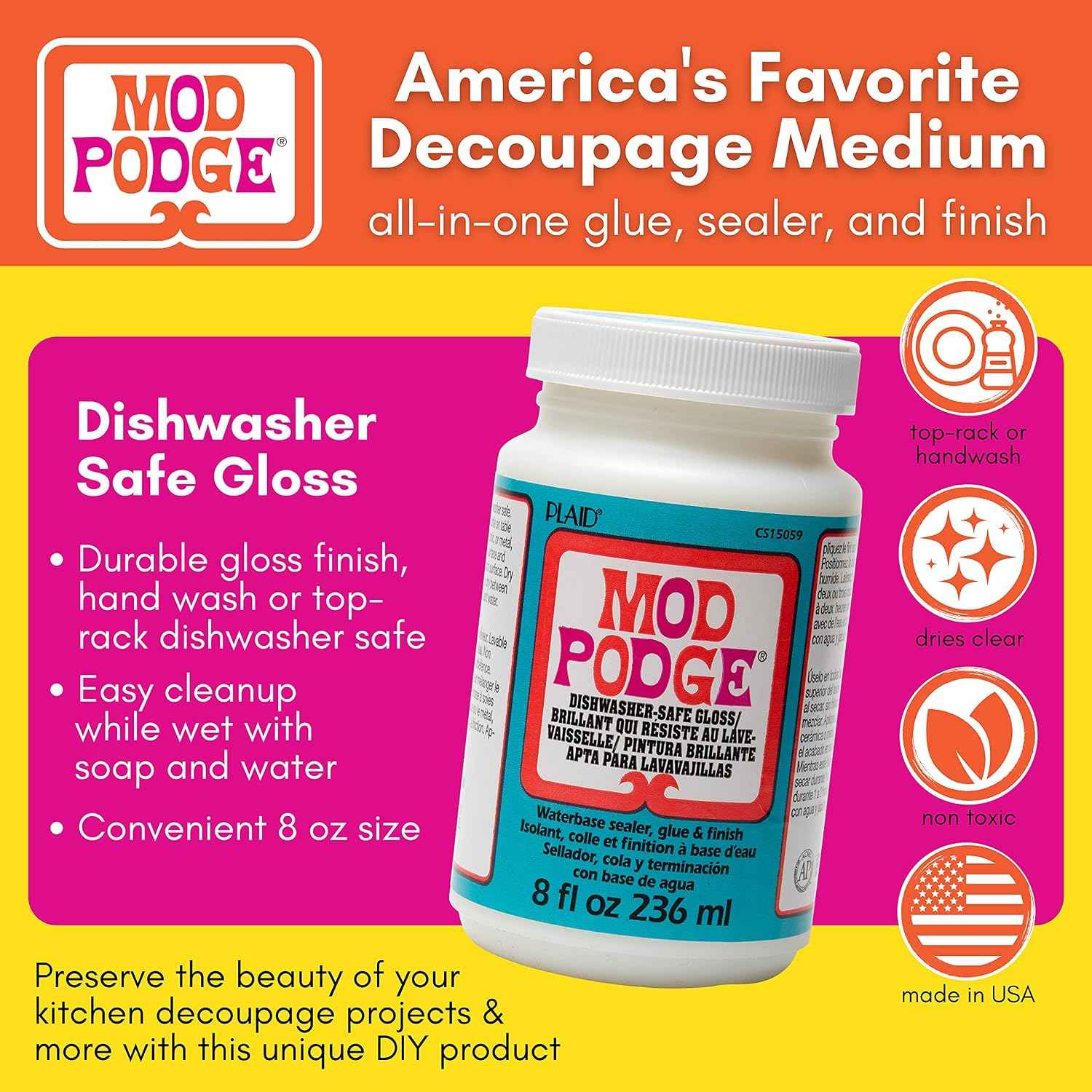 Mod Podge Dishwasher Safe Waterbased Sealer, Decoupage Glue with Gloss Finish, 8 fl oz (Pack of 12),Clear,CS15059B- (Pack of 12)