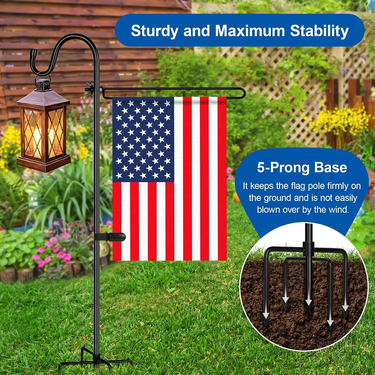 Garden Flag Holder with Shepherds Hook,Double Hoop Design Garden Flag Stand with 5 Prong Base,Yard Flags Holder with Clip (No Flags) for Outside House,Yard Decorations Outdoor