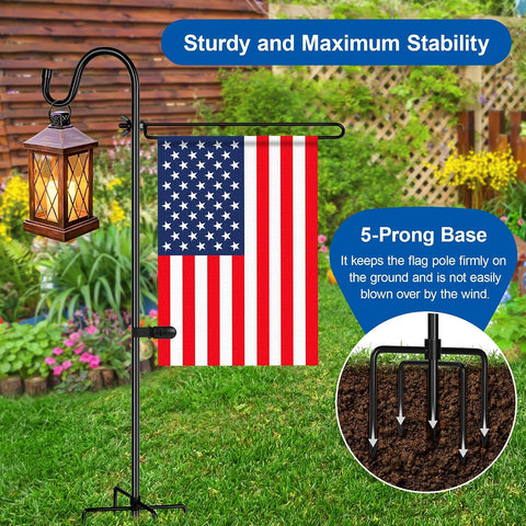 Garden Flag Holder with Shepherds Hook,Double Hoop Design Garden Flag Stand with 5 Prong Base,Yard Flags Holder with Clip (No Flags) for Outside House,Yard Decorations Outdoor