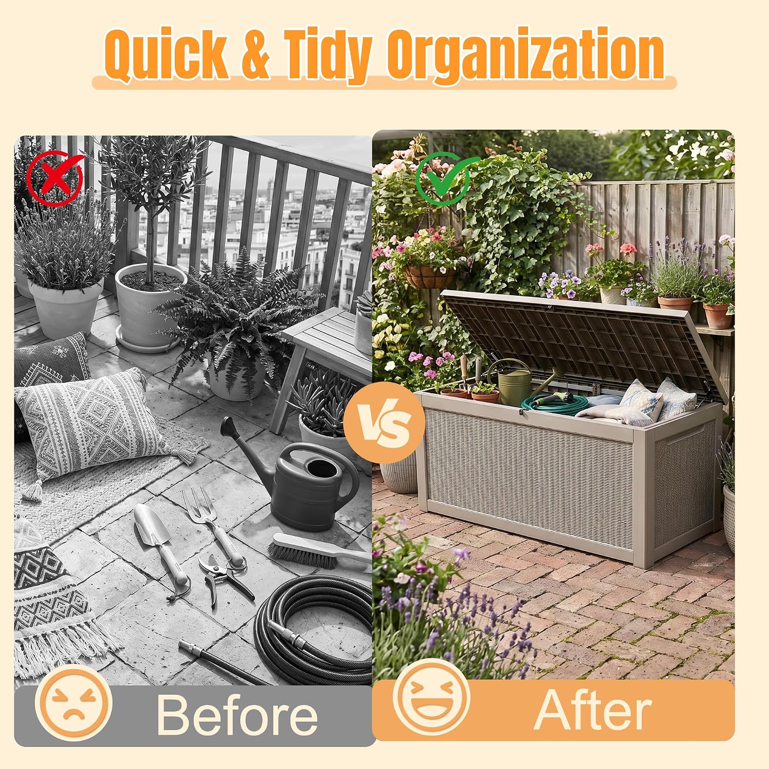 Outdoor Storage Box, 380 Gallon Waterproof Resin Deck Box with Support Rod