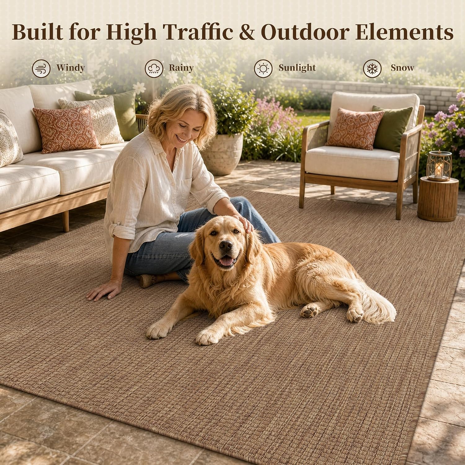 PADOOR-Outdoor Rug-Patio Rug 5x7 ft Polypropylene Indoor Outdoor Rugs Outdoor Carpet for Patio Deck Balcony Porch, Textured Weave, Durable for High Traffic, Fade-Resistant, Modern Neutral Brown