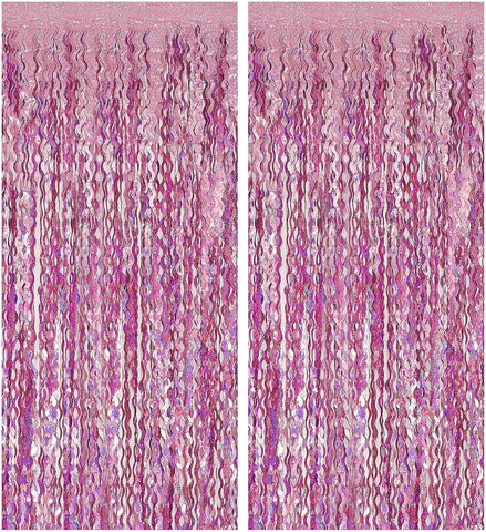 Pink Backdrop Party Decorations Pink Streamers Tinsel Foil Fringe Curtains Wavy Sparkle Metallic Pink Curtain Photo Booth Props for Birthday Wedding Valentines Day Bachelorette Decorations