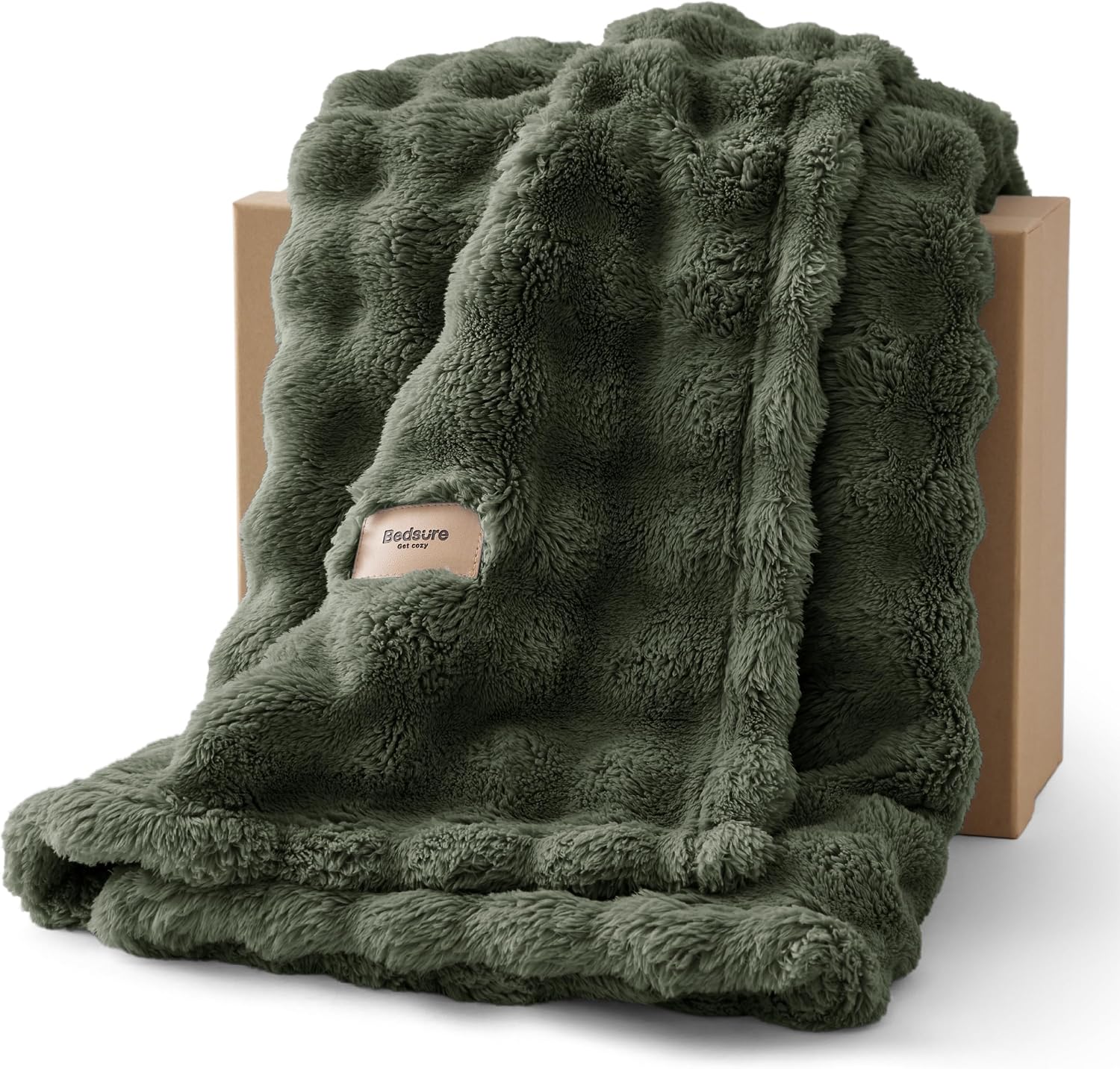 Bedsure 3D Fleece Bubble Blanket for Couch - GentleSoft Green Throw Blanket for Sofa Bed Room Decor - Luxury Soft Cozy Gifts for Women, Lightweight, All Seasons, Olive Green, 50"×60"