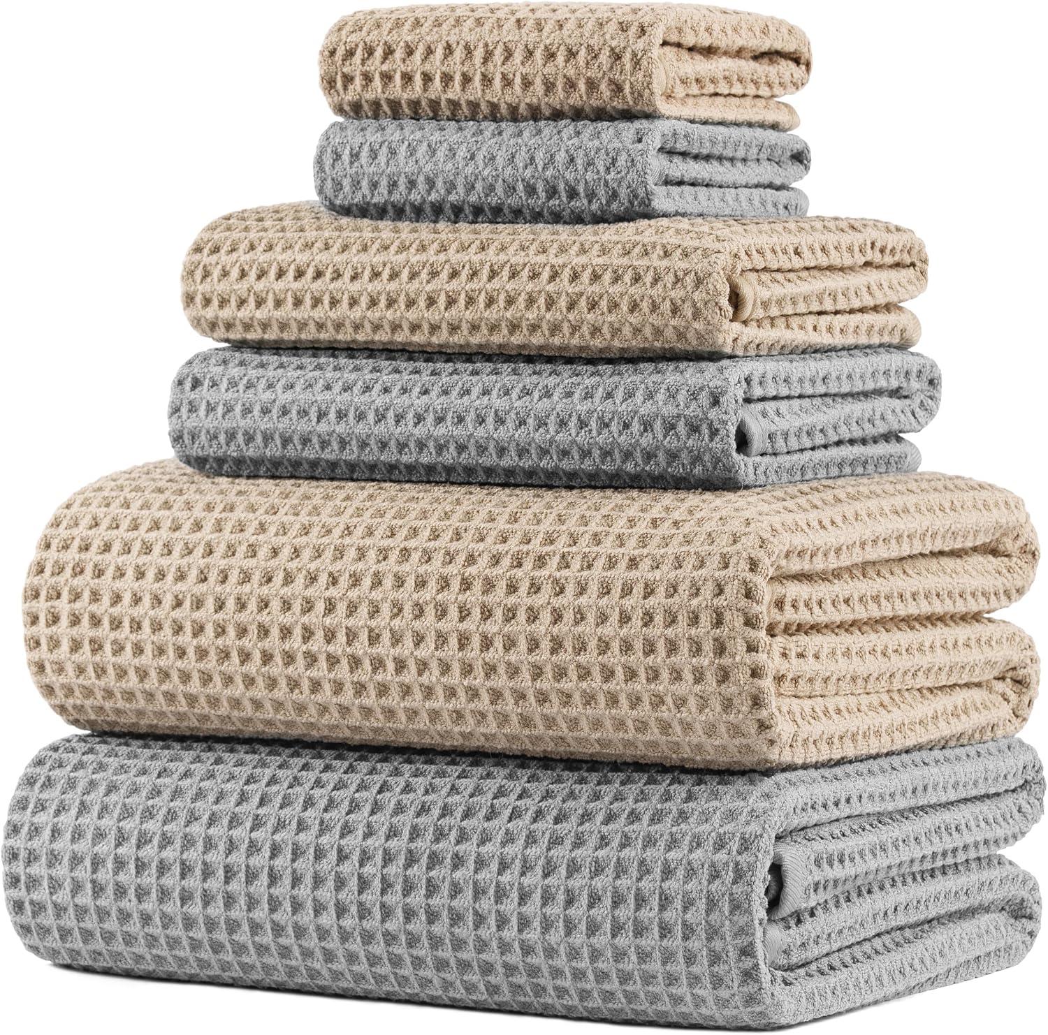 POLYTE 430 GSM Poly Blend Microfiber Quick Dry Waffle Bath Towel Set of 6