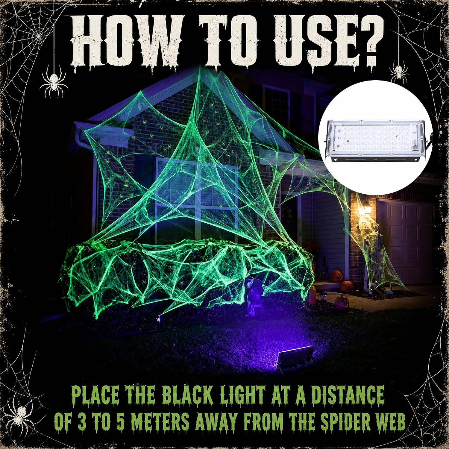 1100 Sqft Halloween Glow Green Stretch Cobwebs with Glow Spiders and Light