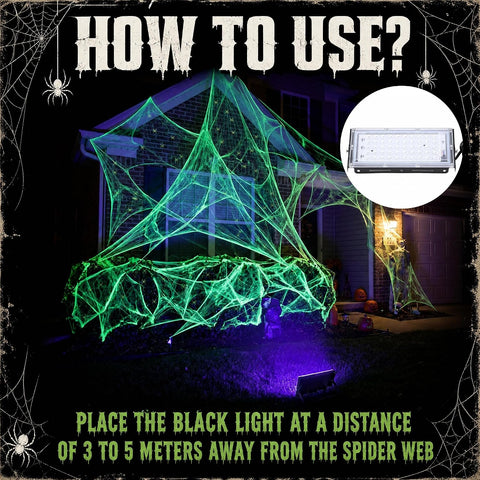 1100 Sqft Halloween Glow Green Stretch Cobwebs with Glow Spiders and Light