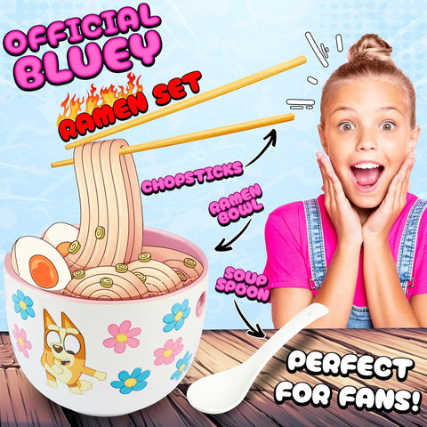 Get Trend Bluey Ceramic Ramen Bowl 3 Pc Set with Bamboo Chopsticks, Spoon for Kids Teens Adults, 20oz Noodle Bowl, Microwave Safe, Gifts for Kids (Multi Bluey)