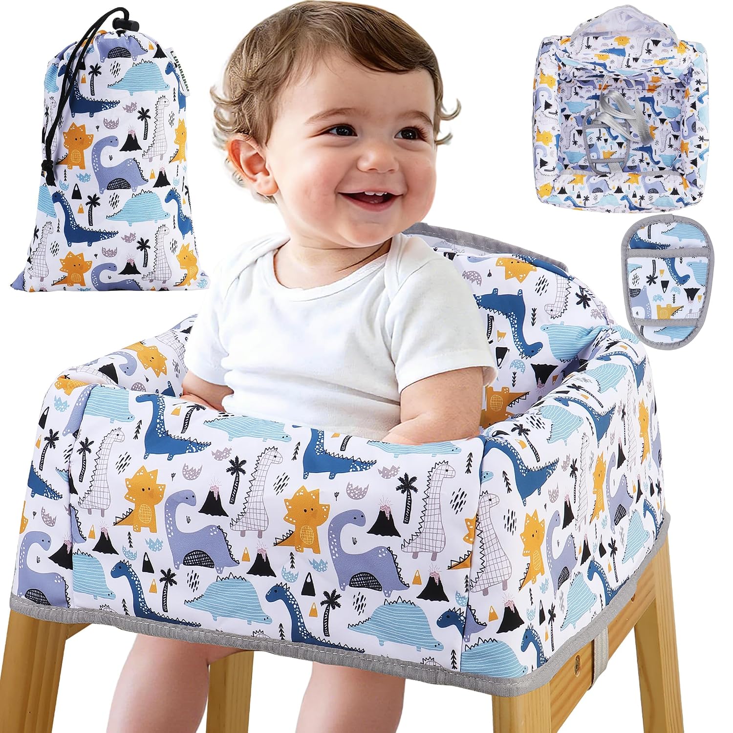 High Chair Cover Portable with 3-Point Harness, Waterproof Baby Seat Cover for Restaurant Travel Home Use, Machine Washable, Fits Wooden Chairs (Colorful Dinosaurs)