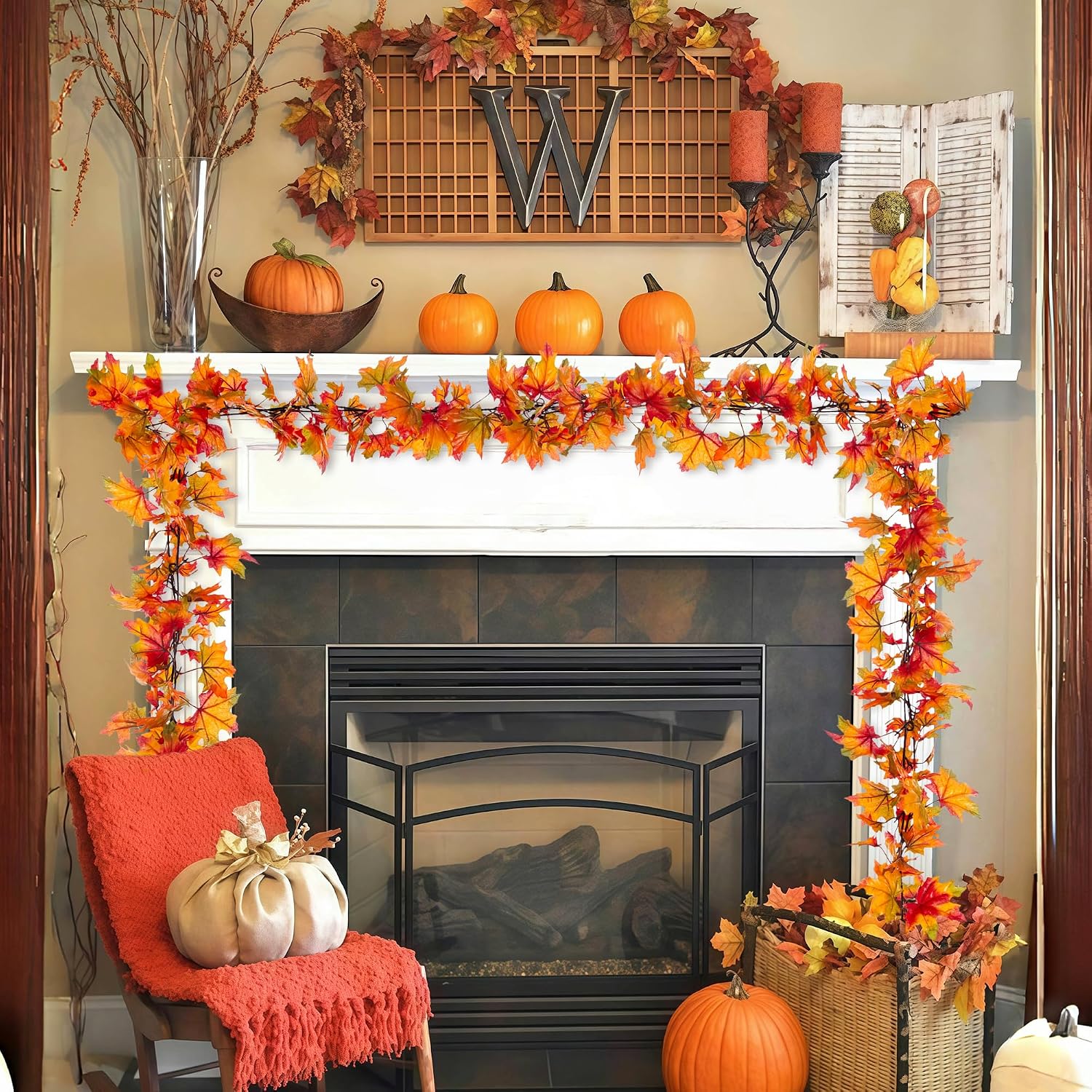 Fall Garland 6.5ft/Piece Fall Maple Leaf Garlands Autumn Garland Leaves Vine for Thanksgiving Home Decor 1pc
