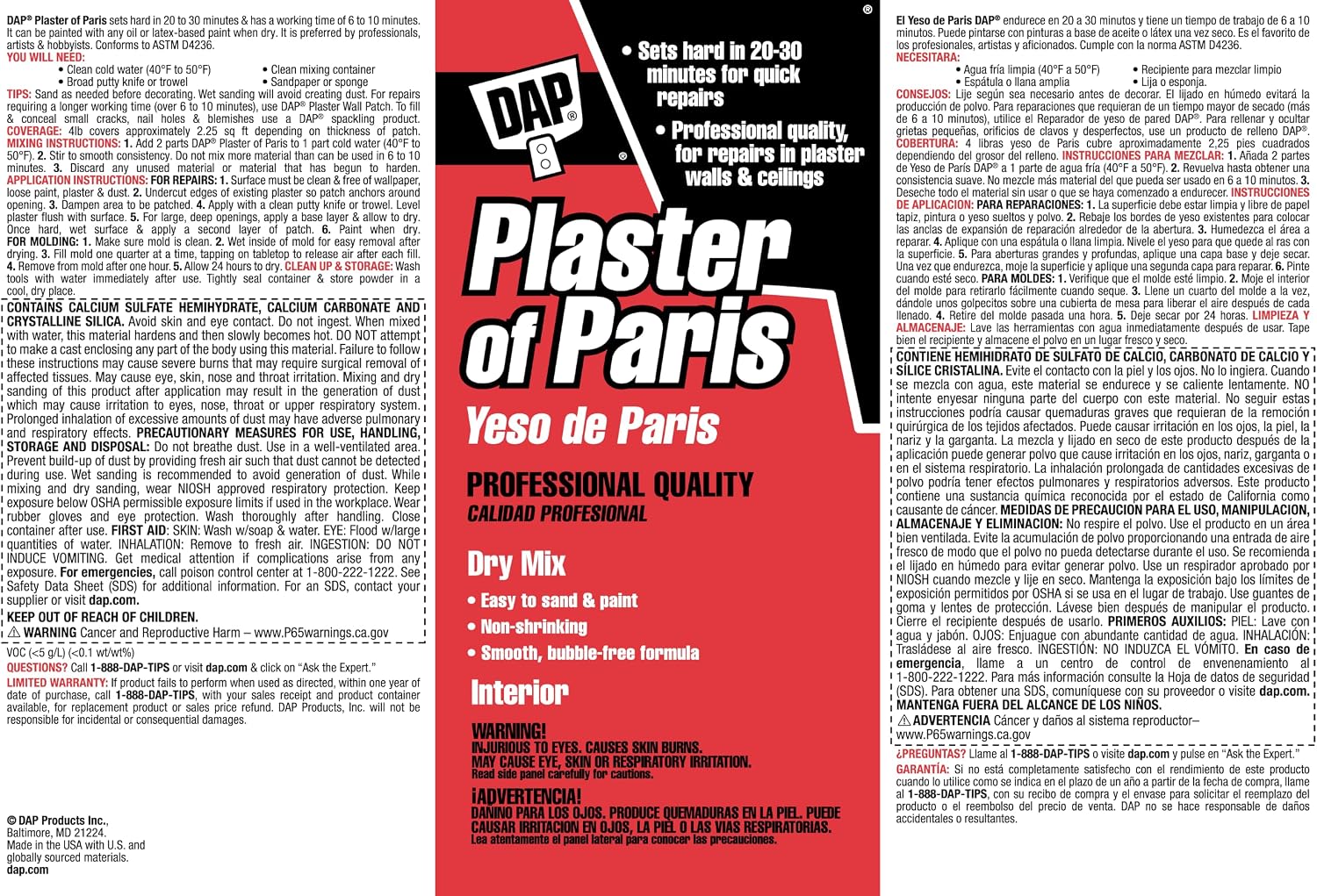 DAP Plaster of Paris (Dry Mix), White, 4 Lb Tub (7079810308)