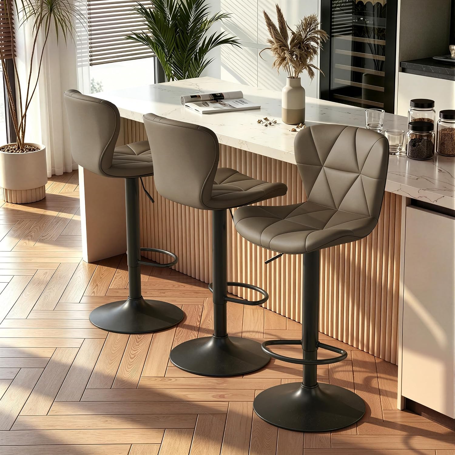 Nalupatio Modern Bar Stools Set of 3, Adjustable Faux Leather Upholstered Swivel Bar Stools, Counter Height Bar Chairs with Back for Kitchen Island, Dark Khaki