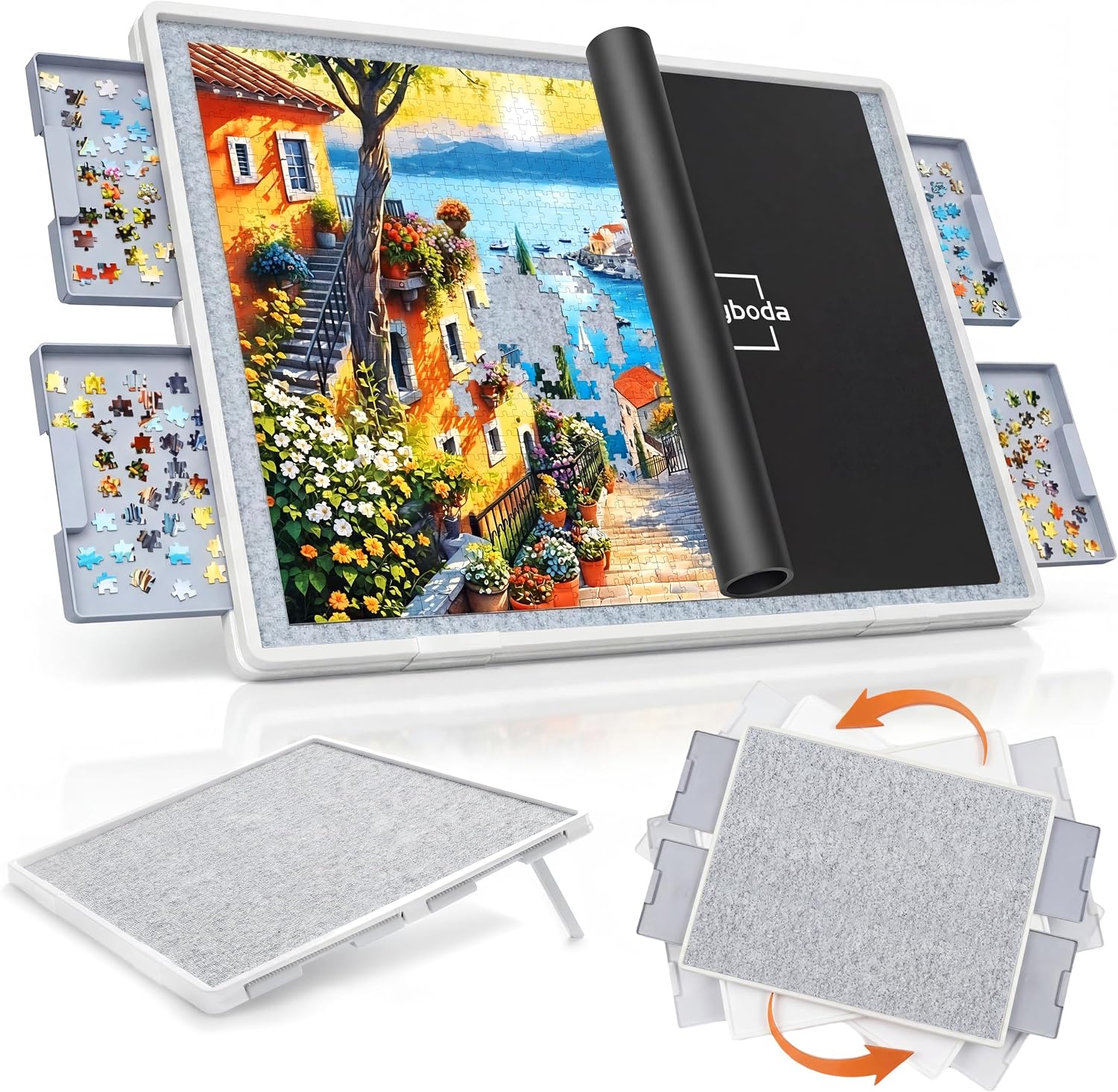 Playboda 1500 Pieces Tiltable & Rotating Puzzle Board with Drawers, Anti-Slip Mat and Black Cover, 35"x27" Portable Spinning Plastic Jigsaw Puzzle Table for Adults, Upgraded Lazy Susan