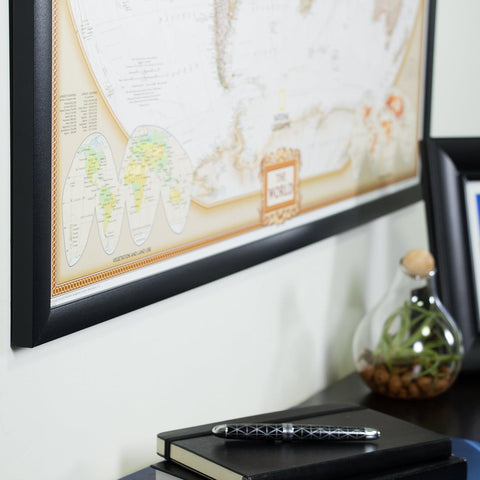 Craig Frames Travel Map with Pins, 24x36 Executive World Map for Wall Art, Modern Standard Black Frame