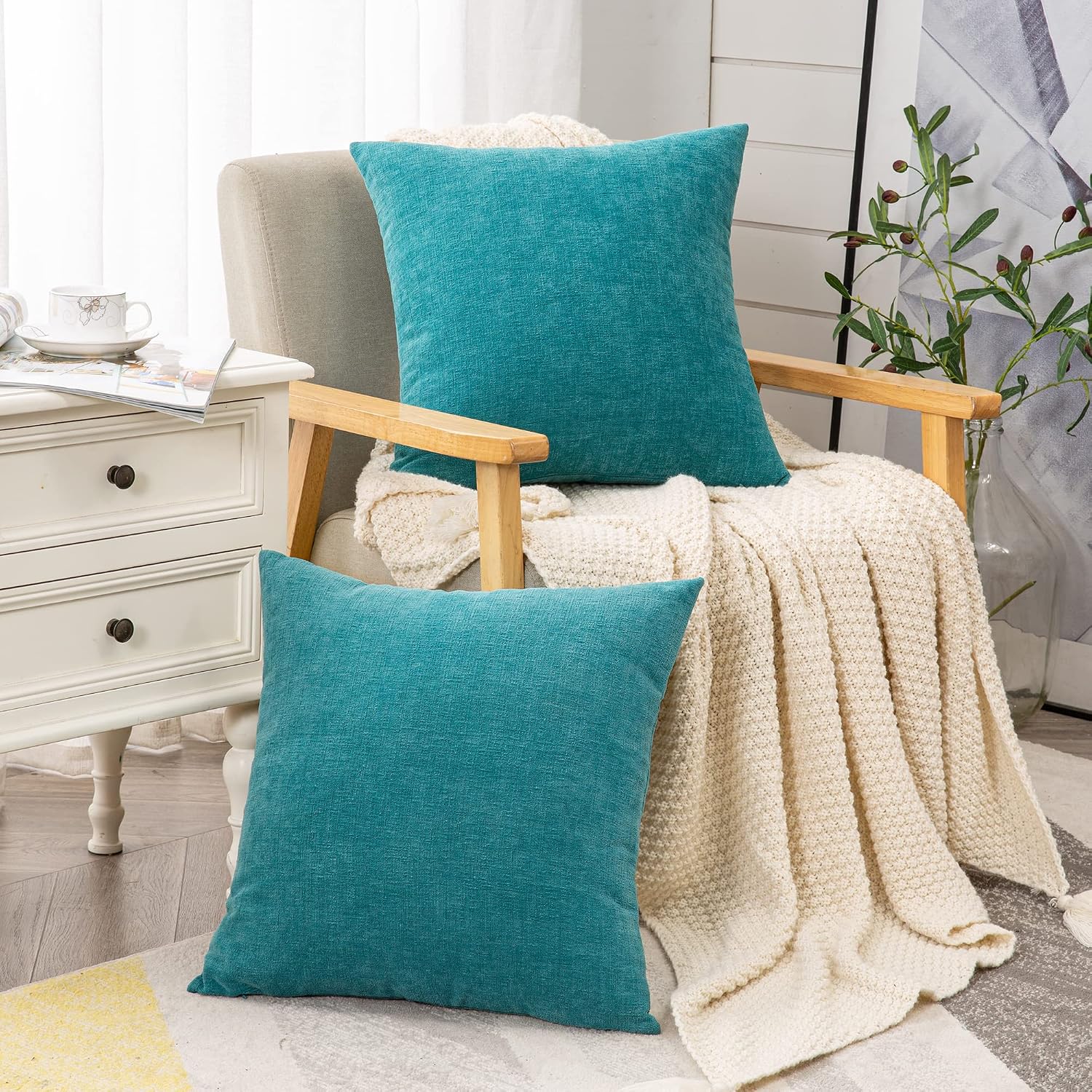 GAWAMAY Teal Chenille Throw Pillow Covers 24x24 Set of 2 for Couch