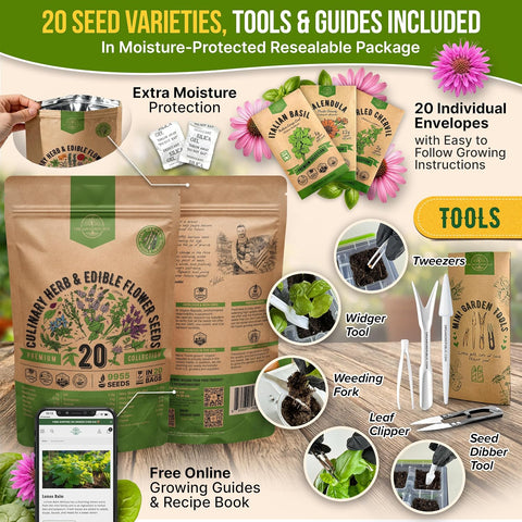 20 Culinary Herbs & Edible Flower Seed Variety Pack for Planting Indoor & Outdoors. 9500+ Non-GMO Heirloom Flower Seeds: Basil, Borage, Echinacea, Lavender, Oregano, Rosemary Seeds & More