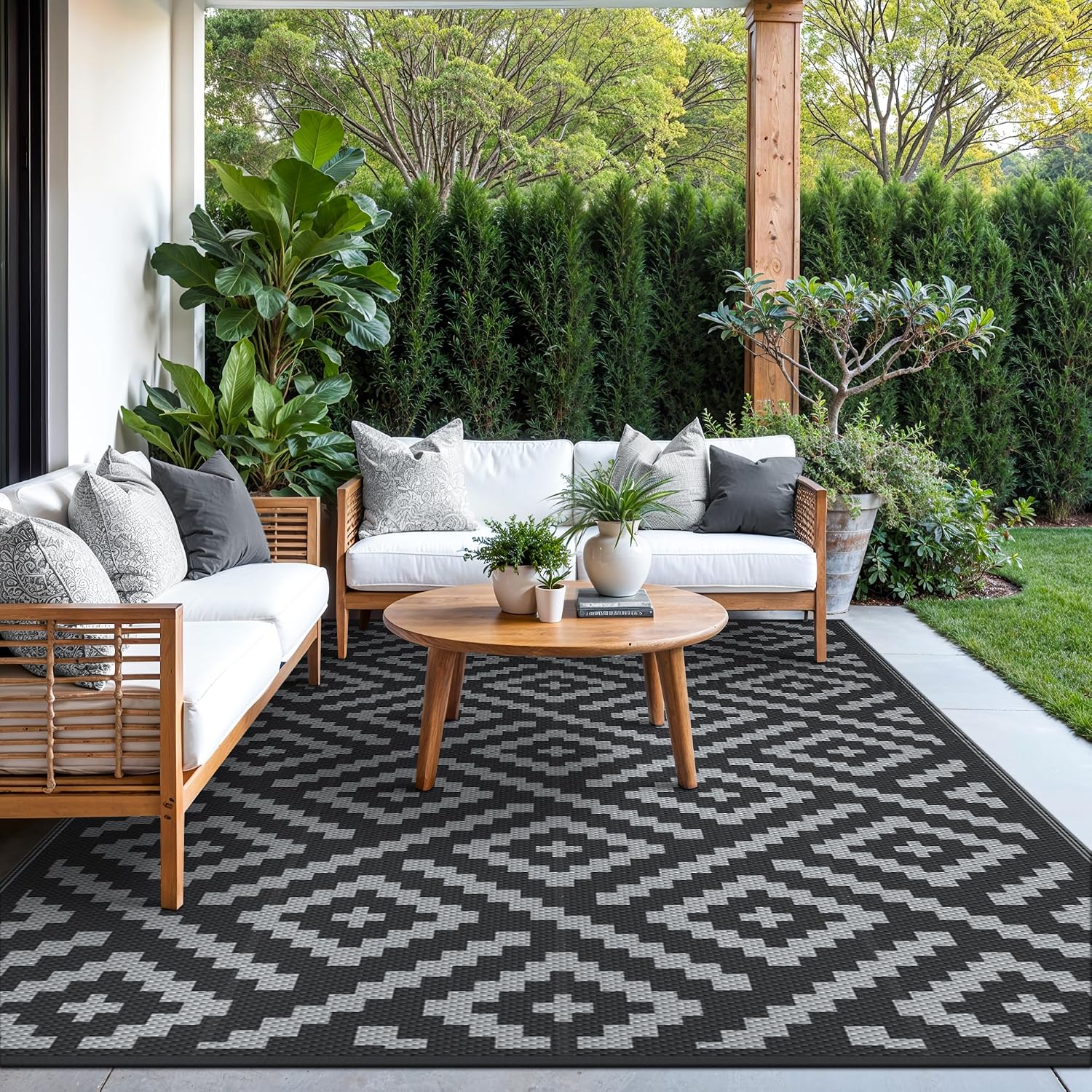 GENIMO Outdoor Rug, Waterproof Plastic Rugs for Patio, 5'x8' Black Grey