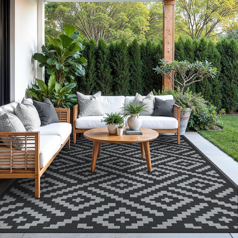 GENIMO Outdoor Rug, Waterproof Plastic Rugs for Patio, 5'x8' Black Grey