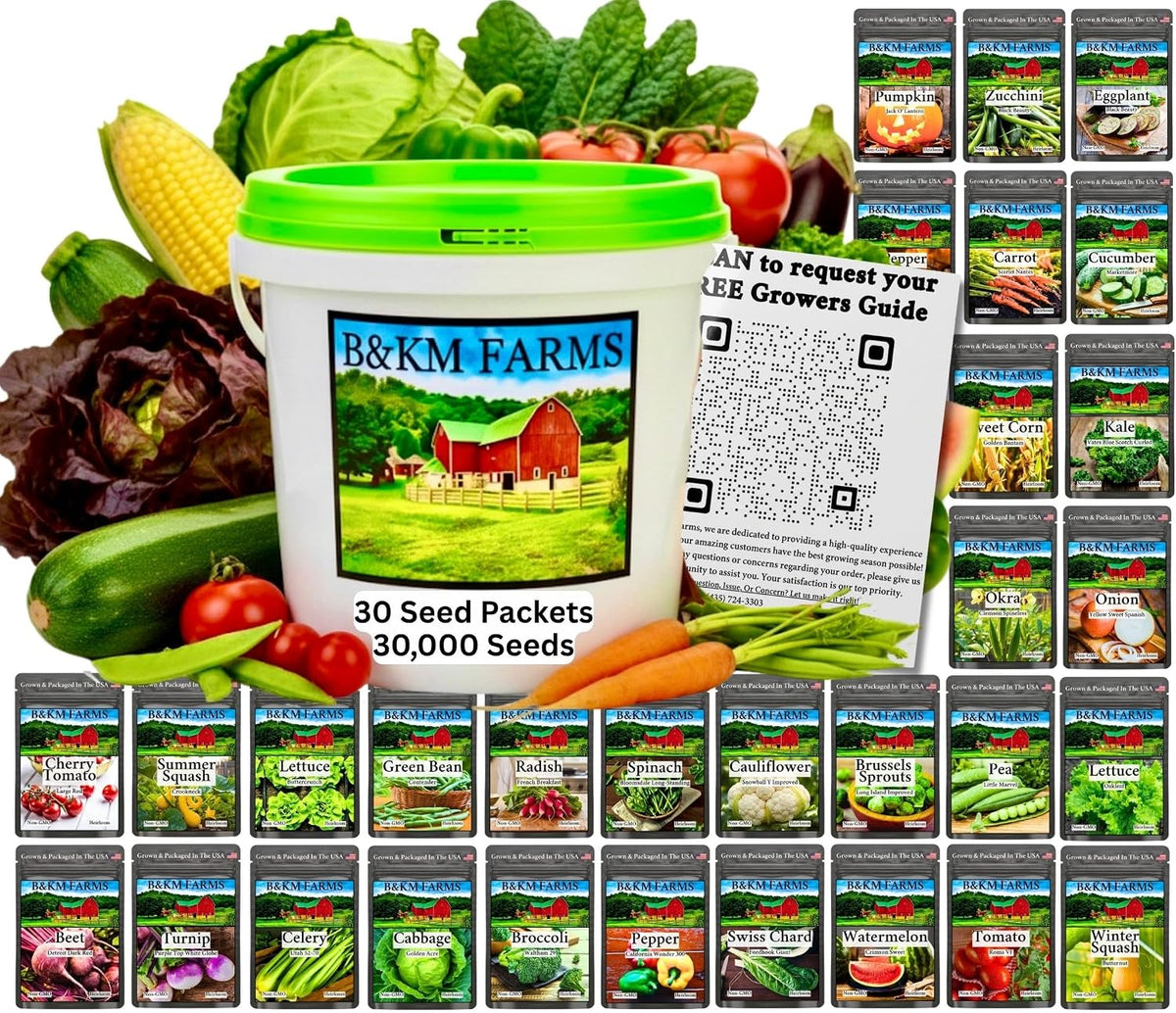 B&KM Farms 30,000+ Non-GMO Heirloom Seed Kit-30 Fruit & Vegetable Variety