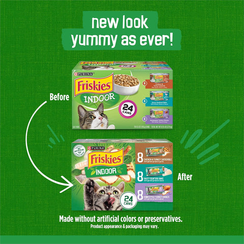 Purina Friskies Indoor Cat Food 24ct VP - (Chicken and Turkey Casserole, Saucy Seafood Bake, Homestyle Turkey Dinner) - (Pack of 24) 5.5 oz. Cans