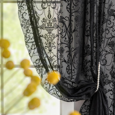 TUDECO Black Sheer Curtains 84 Inches Long - Shabby Chic Knitted Floral Halloween Decor, Lace Curtains Privacy Goth/Witchy Dark Window Treatments for Living Room Rod Pocket 1 Pair, 59 x 84 Inch