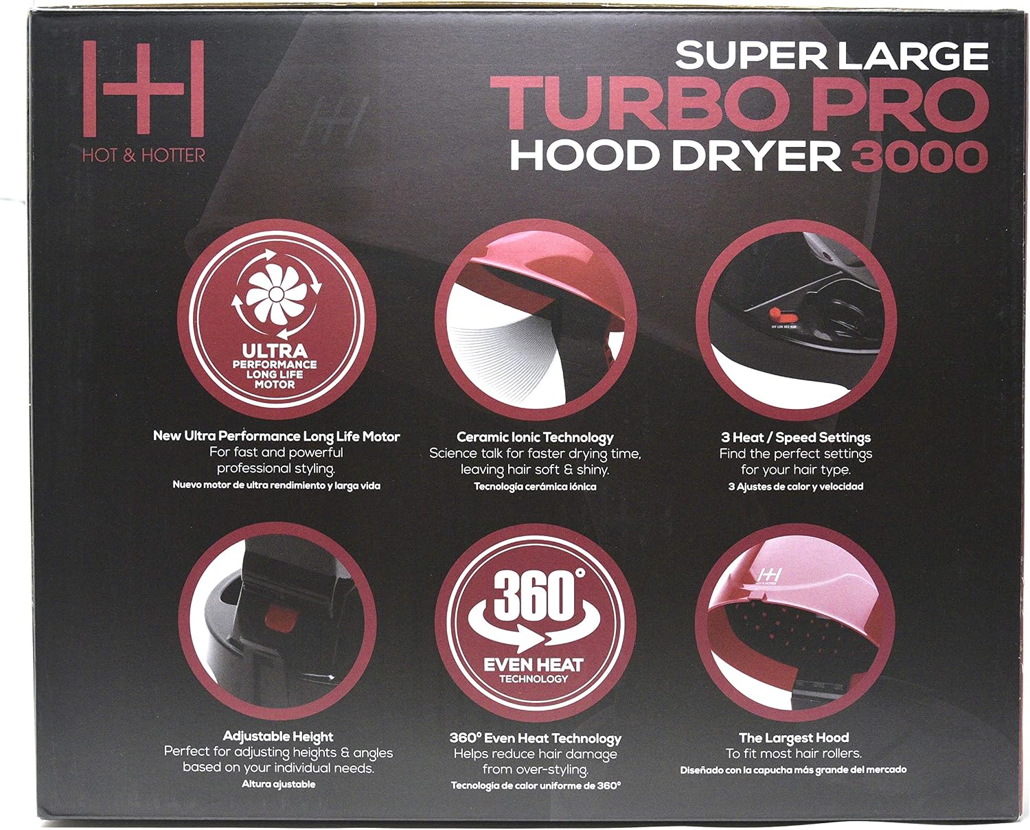 Annie Hot & Hotter Large Ceramic Ionic Hood Dryer – Professional Salon Hair Dryer with Adjustable Height, 3 Heat & Speed Settings, Portable Hooded Dryer for Rollers, Deep Conditioning & Styling