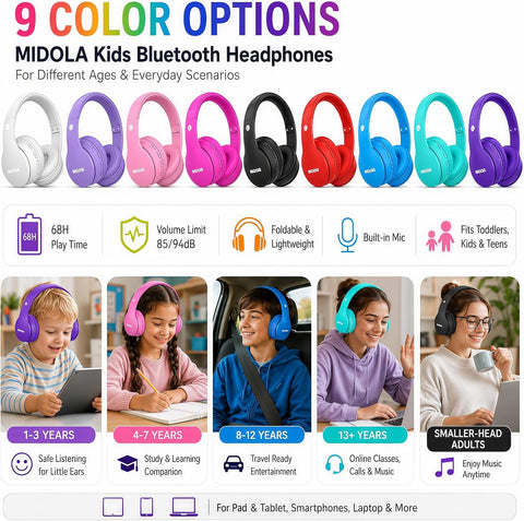 Kids Bluetooth Headphones Wireless 68 Hours,Safe Volume Limit 85/94dB Pink