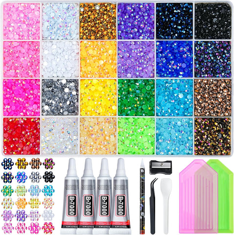 35000 Pcs Resin Jelly Rhinestones Kit, Multicolor 3mm Flatback Rhinestones with 4 Pcs B7000 Jewelry Glue & Tools, All-in-One Bedazzling Kit for DIY Arts & Crafts Gifts