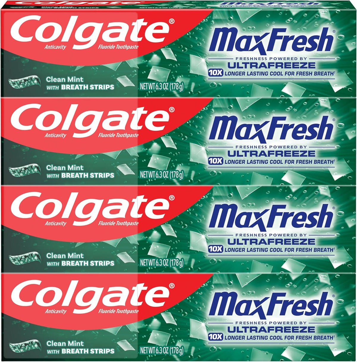 Colgate MaxFresh Fluoride Toothpaste, Clean Mint, 4 Pack, 6.3 oz