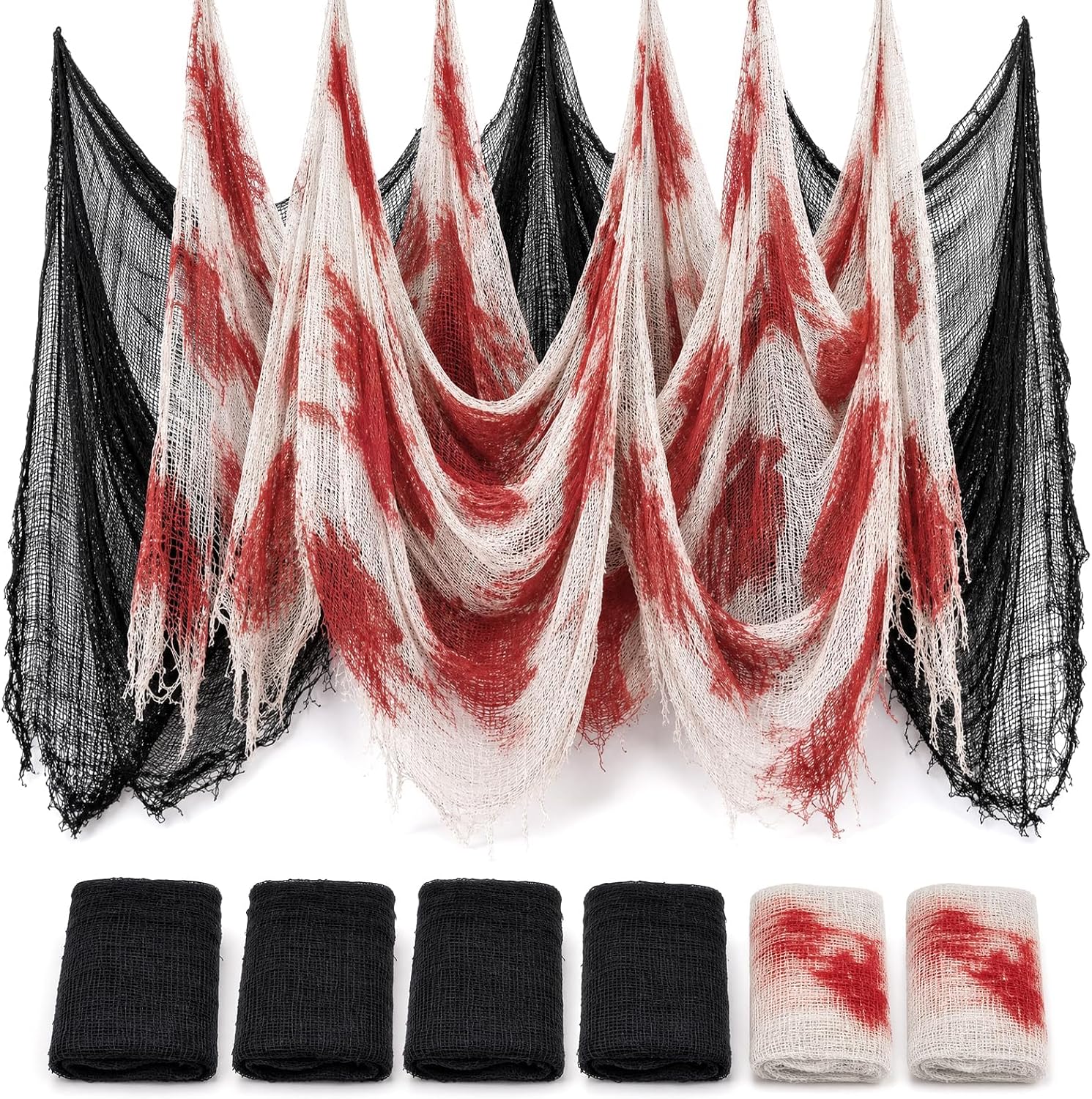6Pcs Halloween Creepy Cloth 30×72inch, Scary Halloween Fabric Gauze, 2Pcs Blood 4Pcs Black Creepy Cloth for Yard, Doorway, Haunted House Party
