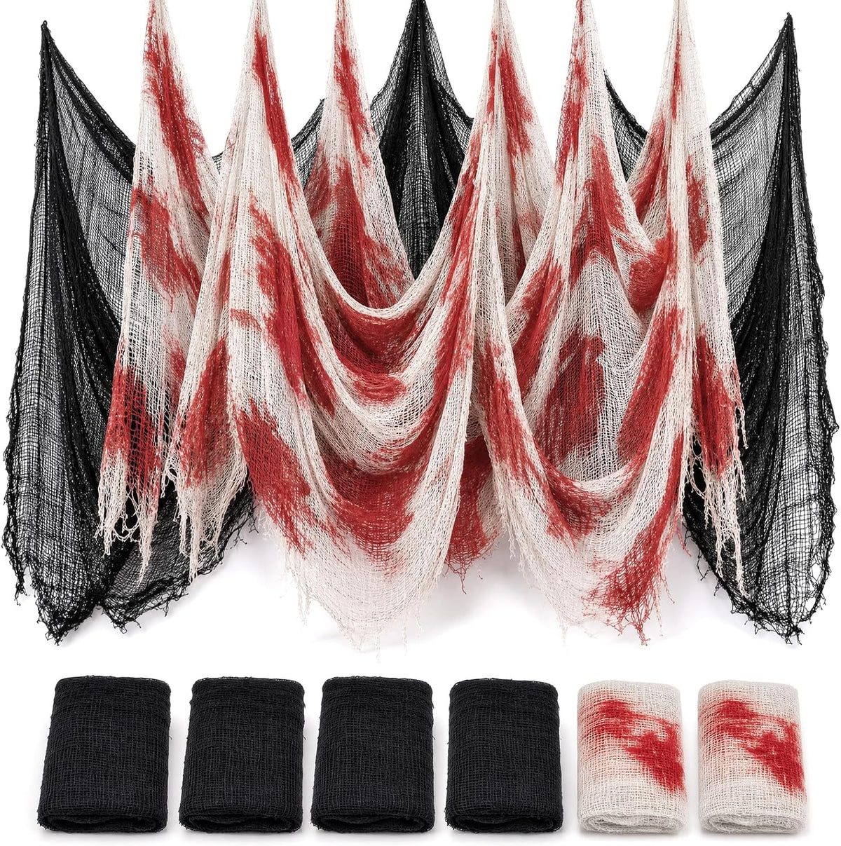 6Pcs Halloween Creepy Cloth 30×72inch, Scary Halloween Fabric Gauze, 2Pcs Blood 4Pcs Black Creepy Cloth for Yard, Doorway, Haunted House Party