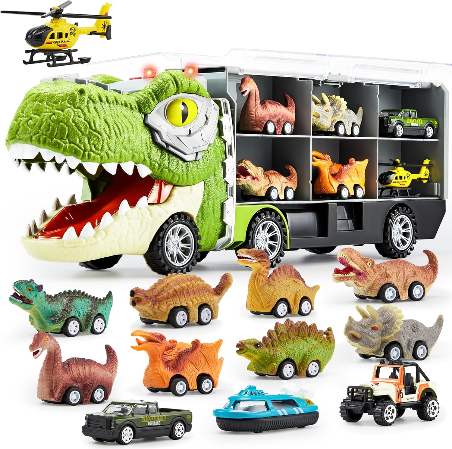 JOYIN 13 in 1 Dinosaur Toys for Kids 3-5, Transport Dinosaur Carrier Truck with 12 Pull Back Cars, Kids Toys 3-4 Birthday Gifts for 3 4 5+ Year Old Boys
