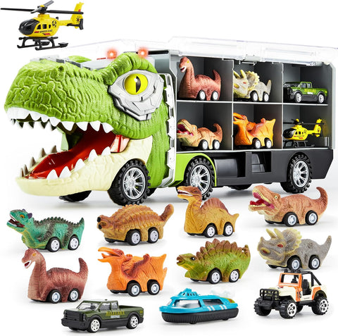 JOYIN 13 in 1 Dinosaur Toys for Kids 3-5, Transport Dinosaur Carrier Truck with 12 Pull Back Cars, Kids Toys 3-4 Birthday Gifts for 3 4 5+ Year Old Boys