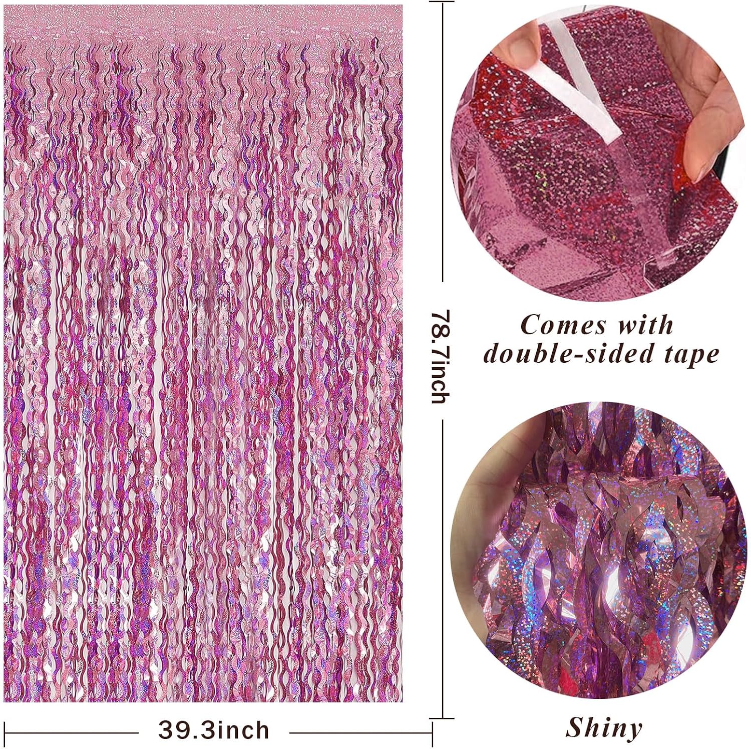 Pink Backdrop Party Decorations Pink Streamers Tinsel Foil Fringe Curtains Wavy Sparkle Metallic Pink Curtain Photo Booth Props for Birthday Wedding Valentines Day Bachelorette Decorations