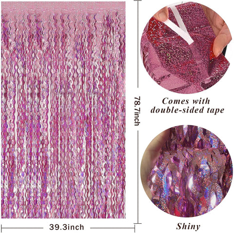 Pink Backdrop Party Decorations Pink Streamers Tinsel Foil Fringe Curtains Wavy Sparkle Metallic Pink Curtain Photo Booth Props for Birthday Wedding Valentines Day Bachelorette Decorations