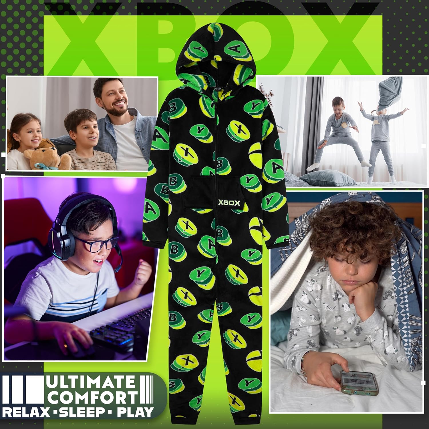 Xbox One Piece Pajamas for Boys, Teens, Fleece Jumpsuit, Pajama Set, Sleepwear PJs, Loungewear, Gamer Gifts for Boys