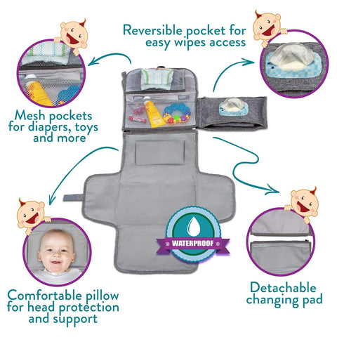 Kopi Baby Portable Diaper Changing Pad with Wipes Pocket, Classic Grey