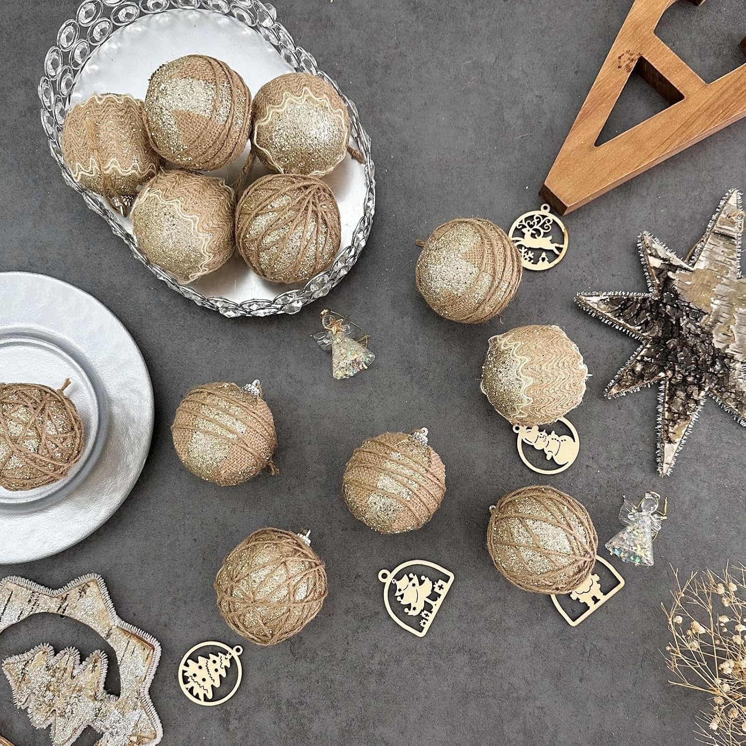 XmasExp Farmhouse Christmas Ball Ornaments Set-70mm/2.76" Shatterproof Rustic Xmas Tree Hanging Decoration (12 Counts,Beige & Champagne)