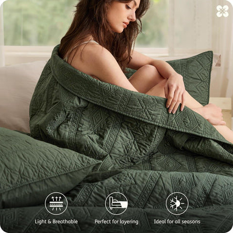 Bedsure PureWoven 100% Cotton Quilt Set, King Bedspread, Olive Green