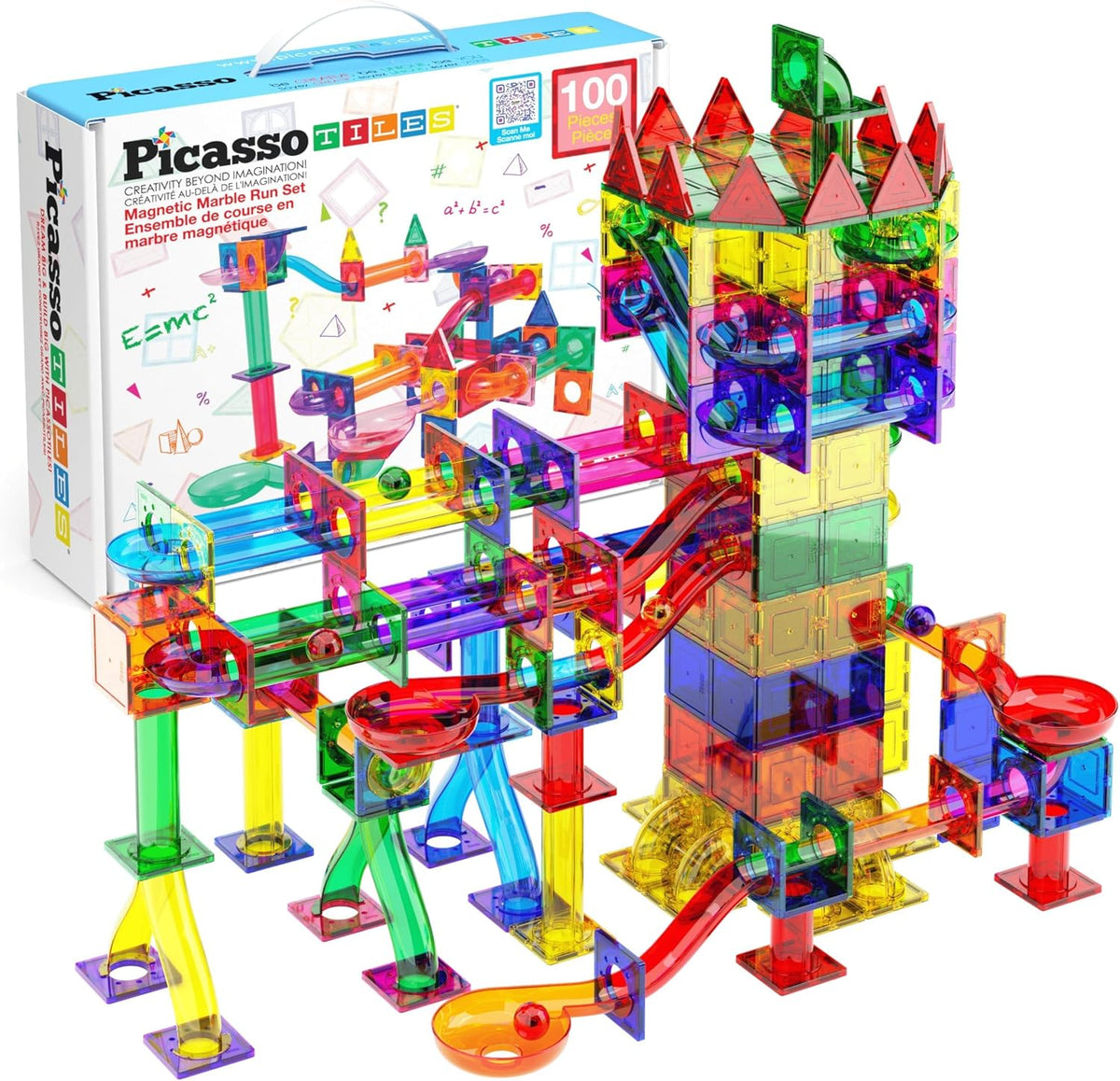 PicassoTiles 100 Piece Marble Run Magnetic Tiles Race Track STEM Ages 3+